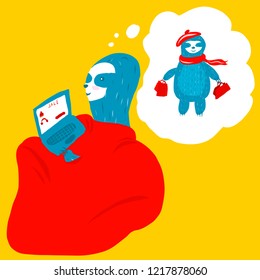 Cute sloth under a red blanket lies with a laptop and makes purchases through the Internet. Online shopping concept, sale, black friday, cyber monday.