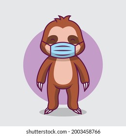 Cute sloth using mask cartoon illustration The Concept of Isolated Technology. Flat Cartoon Style Suitable for Landing Web Pages, Banners, Flyers, Stickers, Cards
