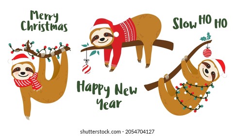 Cute sloth vector graphic design set for Christmas holiday. Merry Christmas prints. Adorable hand drawn sloth character illustrations on tree branches in Santa Claus hats, wrapped in Christmas lights