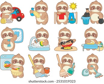 Cute sloth vector icon. Funny baby sloth animal series stock illustration. Slow life of fluffy sloth designs.
Variation chores of cute sloth