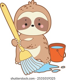 Cute sloth vector icon. Funny baby sloth animal series stock illustration. Slow life of fluffy sloth designs.
A sloth wipe the floor with mop