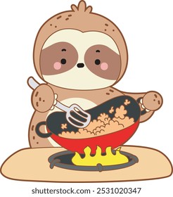 Cute sloth vector icon. Funny baby sloth animal series stock illustration. Slow life of fluffy sloth designs.
A sloth cooking a fried rice