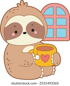 Cute sloth vector icon. Funny baby sloth animal series stock illustration. Slow life of fluffy sloth designs.
A sloth relaxing with hot tea at home