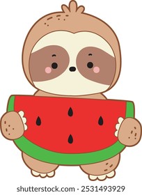 Cute sloth vector icon. Funny baby sloth animal series stock illustration. Slow life of fluffy sloth designs.
A sloth bring a big watermelon