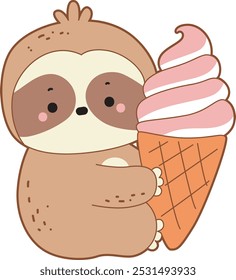 Cute sloth vector icon. Funny baby sloth animal series stock illustration. Slow life of fluffy sloth designs.
 sloth bring a big strawberry ice cream