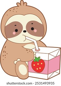 Cute sloth vector icon. Funny baby sloth animal series stock illustration. Slow life of fluffy sloth designs.
A sloth drinking a strawberry milk