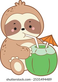 Cute sloth vector icon. Funny baby sloth animal series stock illustration. Slow life of fluffy sloth designs.
A sloth drinking a coconut water