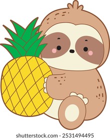 Cute sloth vector icon. Funny baby sloth animal series stock illustration. Slow life of fluffy sloth designs.
A sloth bring a big pineapple