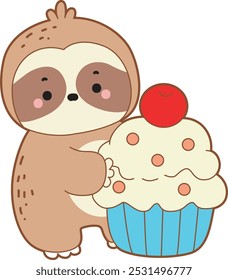 Cute sloth vector icon. Funny baby sloth animal series stock illustration. Slow life of fluffy sloth designs.
A sloth bring a big cupcake with cherry