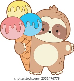 Cute sloth vector icon. Funny baby sloth animal series stock illustration. Slow life of fluffy sloth designs.
A sloth bring a three scoop ice cream