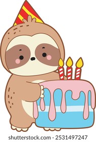 Cute sloth vector icon. Funny baby sloth animal series stock illustration. Slow life of fluffy sloth designs.
A sloth bring a big birthday cake for party