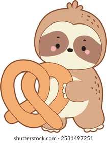 Ícone de vetor de preguiça bonito. Engraçado bebê preguiça animal série ilustração de estoque. Vida lenta de projetos de preguiça fofa.
Uma preguiça traz um pretzel grande