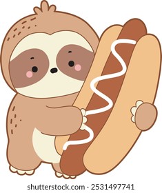 Cute sloth vector icon. Funny baby sloth animal series stock illustration. Slow life of fluffy sloth designs.
A sloth bring a big hot dog