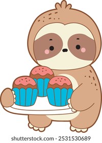 Ícone de vetor de preguiça bonito. Engraçado bebê preguiça animal série ilustração de estoque. Vida lenta de projetos de preguiça fofa.
Uma preguiça traga três cupcakes