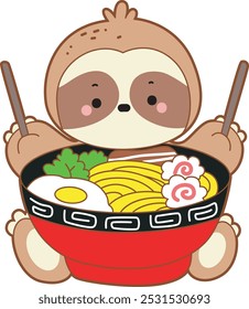 Cute sloth vector icon. Funny baby sloth animal series stock illustration. Slow life of fluffy sloth designs.
A sloth want to eating ramen