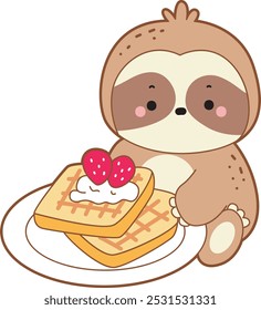 Cute sloth vector icon. Funny baby sloth animal series stock illustration. Slow life of fluffy sloth designs.
A sloth want to eating strawberry bread