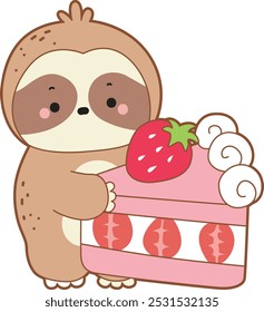 Cute sloth vector icon. Funny baby sloth animal series stock illustration. Slow life of fluffy sloth designs.A sloth bring a big strawberry cake