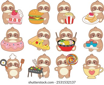 Icono lindo del Vector del perezoso. Divertido bebé perezoso animal serie ilustración de stock. Vida lenta de los diseños esponjosos del perezoso.
Un perezoso en la variación de comida chatarra y postre dulce