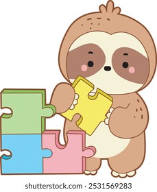 Cute sloth vector icon. Funny baby sloth animal series stock illustration. Slow life of fluffy sloth designs.
A soth playing a puzzle