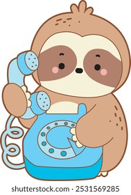 Cute sloth vector icon. Funny baby sloth animal series stock illustration. Slow life of fluffy sloth designs.
A sloth calling someone on the telephone