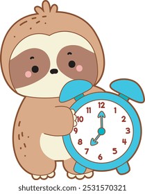 Cute sloth vector icon. Funny baby sloth animal series stock illustration. Slow life of fluffy sloth designs.
A sloth bring an alarm clock