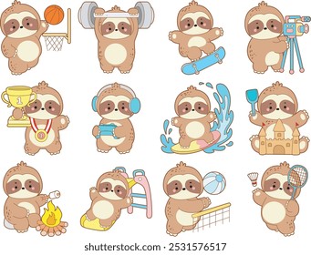 Cute sloth vector icon. Funny baby sloth animal series stock illustration. Slow life of fluffy sloth designs.
Variation sport and exercise of Sloth