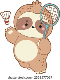 Cute sloth vector icon. Funny baby sloth animal series stock illustration. Slow life of fluffy sloth designs.
A sloth playing a badminton