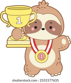 Cute sloth vector icon. Funny baby sloth animal series stock illustration. Slow life of fluffy sloth designs.
Asloth get winner and bring trophy and medal