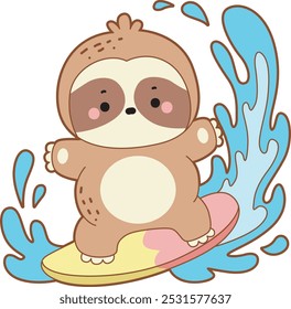 Cute sloth vector icon. Funny baby sloth animal series stock illustration. Slow life of fluffy sloth designs.
A sloth playing a surfing in the wave