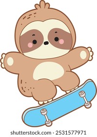 Cute sloth vector icon. Funny baby sloth animal series stock illustration. Slow life of fluffy sloth designs.
A sloth playing a skateboard