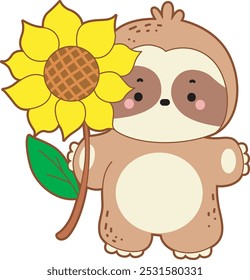 Cute sloth vector icon. Funny baby sloth animal series stock illustration. Slow life of fluffy sloth designs.
A sloth bring a big sun flower