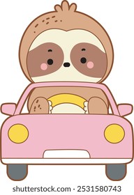 Ícone de vetor de preguiça bonito. Engraçado bebê preguiça animal série ilustração de estoque. Vida lenta de projetos de preguiça fofa.
Uma preguiça dirigindo um carro rosa