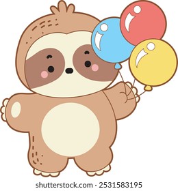 Cute sloth vector icon. Funny baby sloth animal series stock illustration. Slow life of fluffy sloth designs.
A sloth bring a three balloons