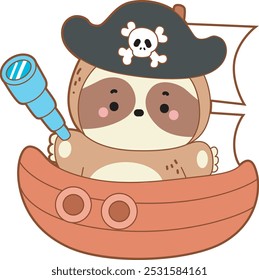 Cute sloth vector icon. Funny baby sloth animal series stock illustration. Slow life of fluffy sloth designs.
A sloth wearing pirates costume in the boat