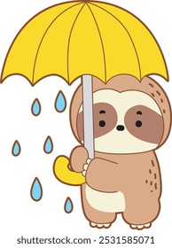 Ícone de vetor de preguiça bonito. Engraçado bebê preguiça animal série ilustração de estoque. Vida lenta de projetos de preguiça fofa.
Preguiça traz um guarda-chuva amarelo na chuva