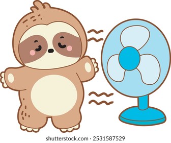 Cute sloth vector icon. Funny baby sloth animal series stock illustration. Slow life of fluffy sloth designs.
A sloth in front of the fan