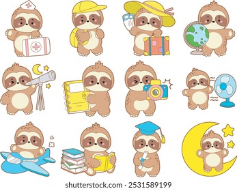 Cute sloth vector icon. Funny baby sloth animal series stock illustration. Slow life of fluffy sloth designs.
Variation of random holiday activities by Sloth 