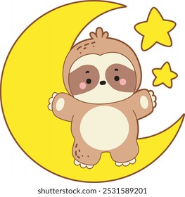 Cute sloth vector icon. Funny baby sloth animal series stock illustration. Slow life of fluffy sloth designs.
A sloth in the moon and stars