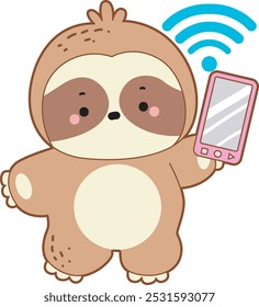 Cute sloth vector icon. Funny baby sloth animal series stock illustration. Slow life of fluffy sloth designs.
A sloth finding a signal internet in the phone