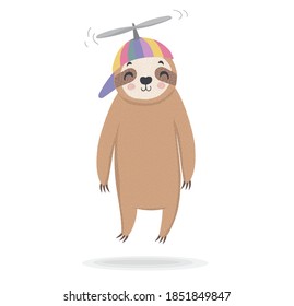 Cute sloth vector illustration. Adorable hand drawn baby sloth characters hanging on the tree. Illustration for nursery design, poster, greeting, birthday card,baby shower and party.Animal pattern