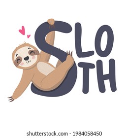 Cute sloth vector illustration. Adorable hand drawn baby sloth characters hanging on the tree. Illustration for nursery design, poster, greeting, birthday card,baby shower and party.