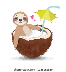 Cute sloth vector illustration. Cartoon character for children. Prints, greeting cards, textile artworks. Fun zoo characters.Cute animal taking a shower with coconut. 