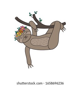 Cute sloth vector illustration. Hand drawn outlined sloth animal with flower crown on head, hanging on branch. Isolated.