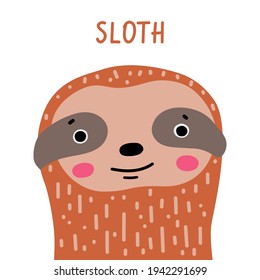 Cute sloth. Vector illustration, isolated on a white background. Scandinavian style flat design. Concept for children print.