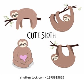 Cute sloth vector illustration set in cartoon style