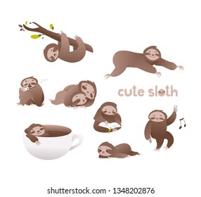 Cute sloth vector illustration set - funny adorable lazy sleepy animal in various actions such as hanging on tree and crawling, drinking coffee and reading in flat style isolated on white background.