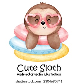 Cute sloth, sloth vector illustration, watercolor animal, summer, beach