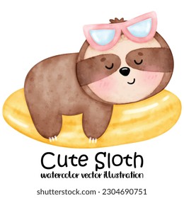 Cute sloth, sloth vector illustration, watercolor animal, summer, beach