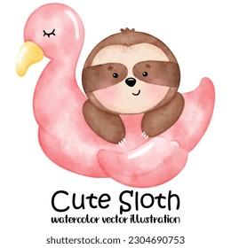 Cute sloth, sloth vector illustration, watercolor animal, summer, beach