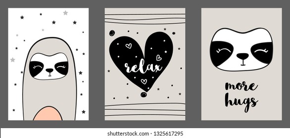 Cute sloth vector print in scandinavian style. Set of hand drawn vector illustrations for  cards, posters, cards, t-shirts, book, textile.